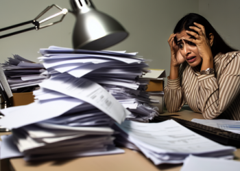 A person overwhelmed by piles of bills and invoices