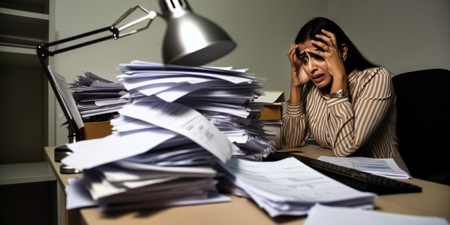 A person overwhelmed by piles of bills and invoices