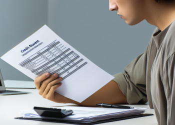 A person sitting at a neat desk, reviewing their credit card statements