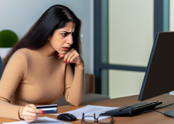 A person sitting at desk looking intently at a Credit Report on the computer