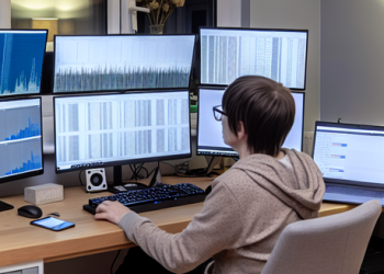 A person sitting in a home study, analyzing data on multiple computer screens