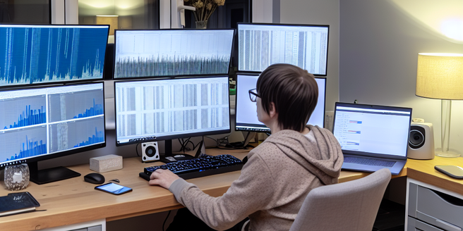 A person sitting in a home study, analyzing data on multiple computer screens