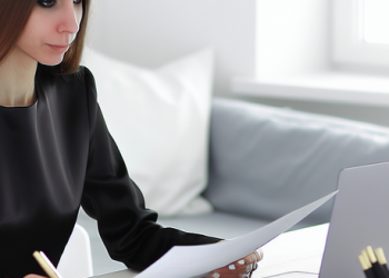 A professional sitting at a desk, evaluating financial documents with a laptop