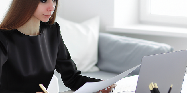 A professional sitting at a desk, evaluating financial documents with a laptop