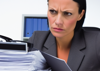 A stern looking businesswoman studying a pile of credit reports on her desk