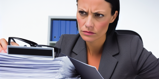 A stern looking businesswoman studying a pile of credit reports on her desk
