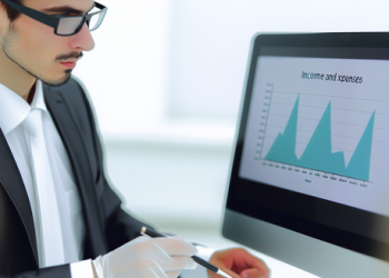 A welldressed individual attentively examining a graph detailing income and expenses on a computer monitor.