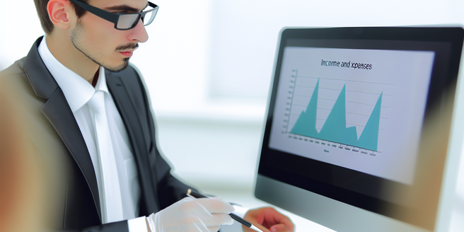 A welldressed individual attentively examining a graph detailing income and expenses on a computer monitor.