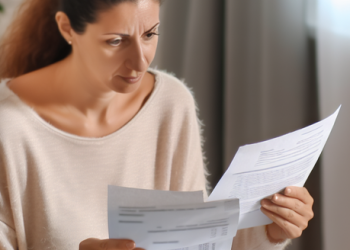 A woman examining some bills and financial statements on her home desk