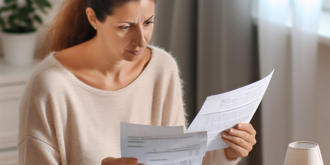 A woman examining some bills and financial statements on her home desk