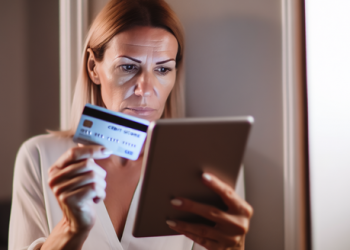 A woman holding a credit card, looking at credit score on her tablet.