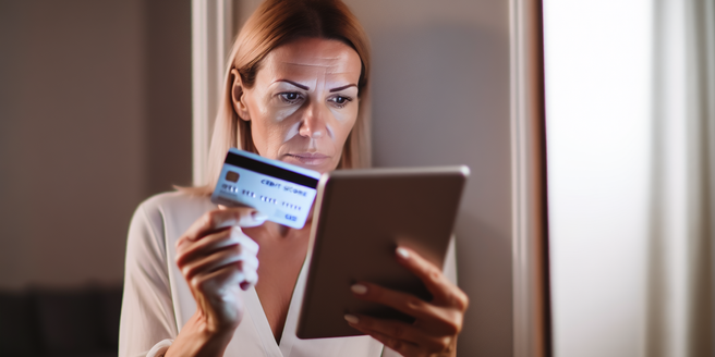 A woman holding a credit card, looking at credit score on her tablet.
