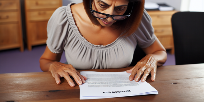 A woman holding a document with the title DEBT MANAGEMENT on a desk