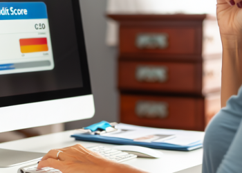 A woman reviewing her credit score on a computer from her home office.