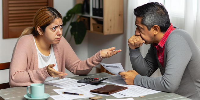 A worried couple discussing their financial wellbeing at home