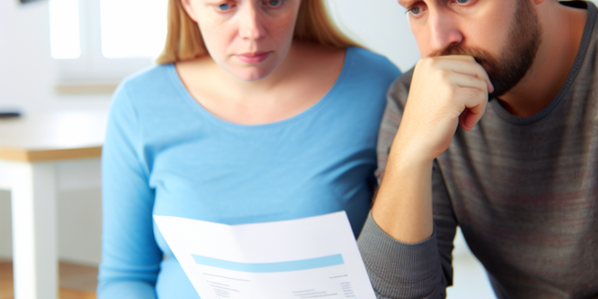 A worried couple looking at a hospital bill for maternity care