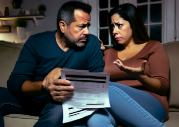 A worried couple sitting on a couch discussing their credit score statements