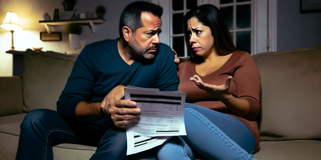 A worried couple sitting on a couch discussing their credit score statements