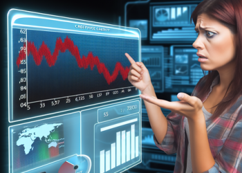 A worried person looking at their declining credit score on a digital screen