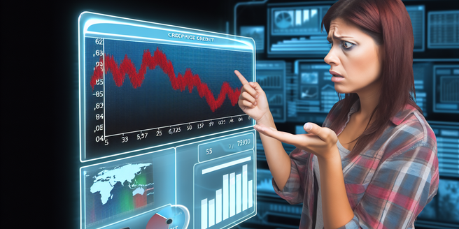 A worried person looking at their declining credit score on a digital screen