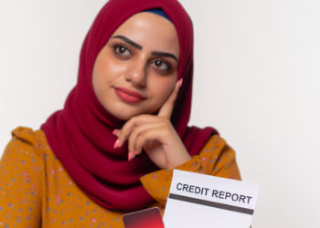 A young woman in a thoughtful pose with a credit report in front of her