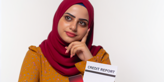 A young woman in a thoughtful pose with a credit report in front of her