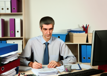 An accountant sitting at his desk surrounded by financial paperwork