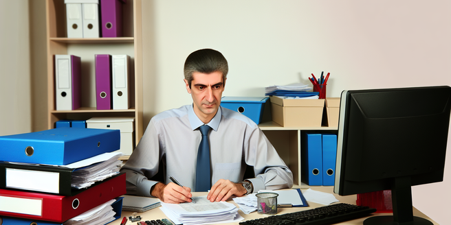 An accountant sitting at his desk surrounded by financial paperwork