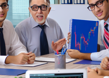 An educator explaining stock market fundamentals to a geoup of students