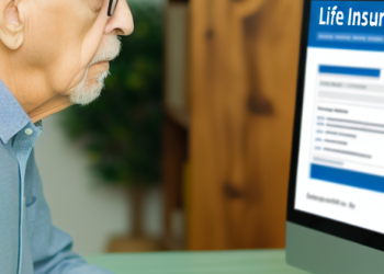 An elderly man in front of a computer screen reviewing his life insurance policy online