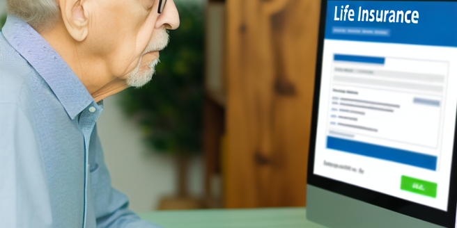 An elderly man in front of a computer screen reviewing his life insurance policy online