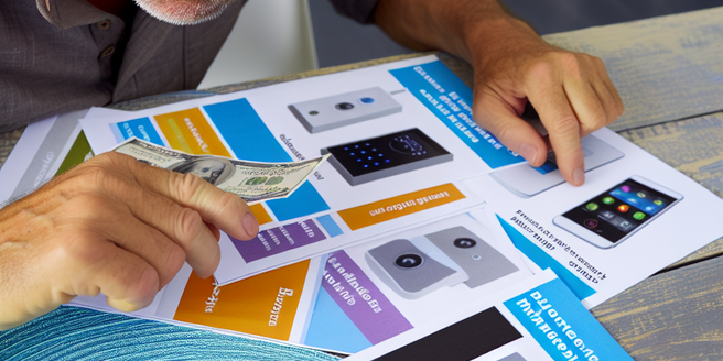 An individual carefully considering various payment option brochures for smart home technology