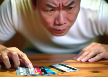 An individual reviewing several credit cards arrayed on a table