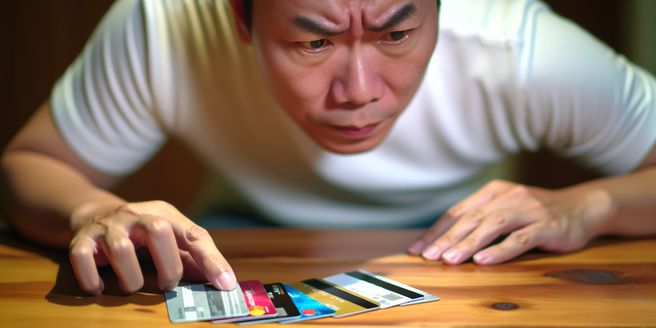 An individual reviewing several credit cards arrayed on a table