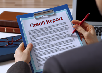 An individual studying a document labeled Credit Report