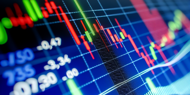 Closeup view of a dynamic stock market chart on a computer screen.