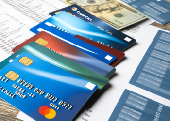 Credit cards and bank statements viewed from above