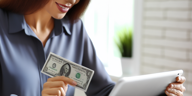 Image of woman using online banking on tablet device