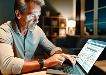 Man reviewing a digital snapshot of a credit history on his laptop