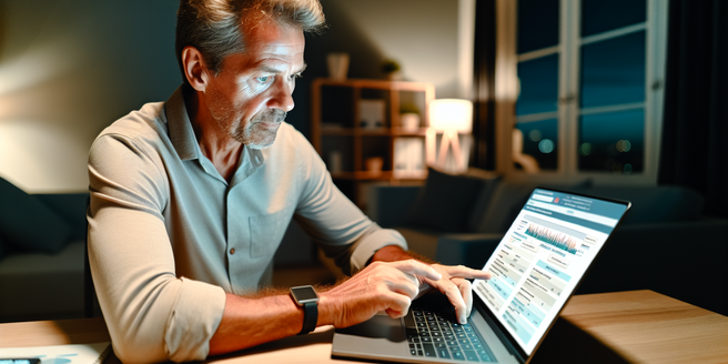 Man reviewing a digital snapshot of a credit history on his laptop