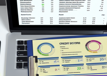 Overhead shot of a perfectly organized desktop with a credit report, highlighting various factors that impact the credit score