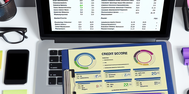 Overhead shot of a perfectly organized desktop with a credit report, highlighting various factors that impact the credit score