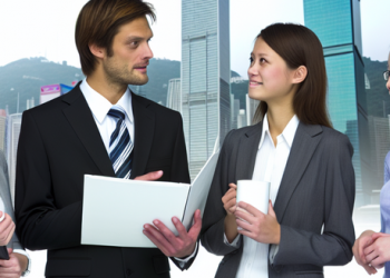 People in formal attire discussing business matters in front of a cityscape