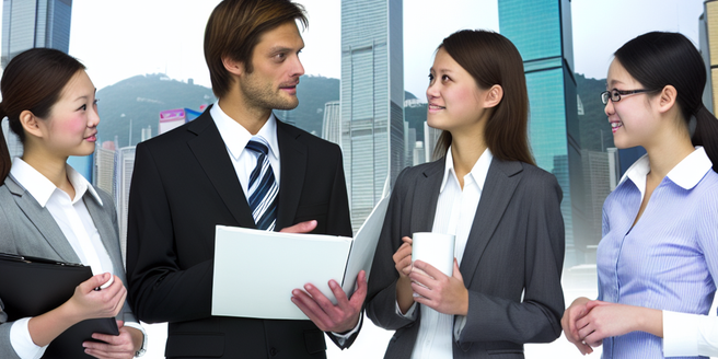 People in formal attire discussing business matters in front of a cityscape