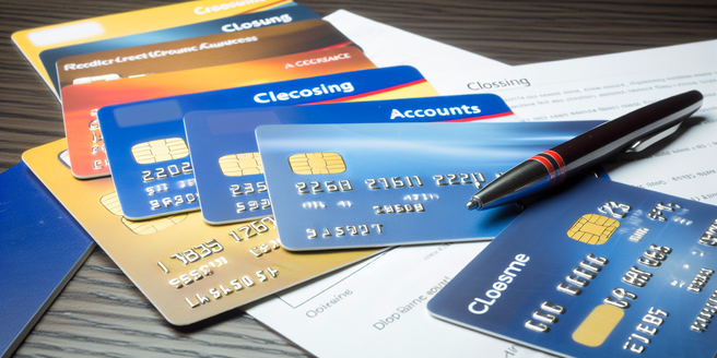 Several credit cards spread out on a table, depicting closing accounts