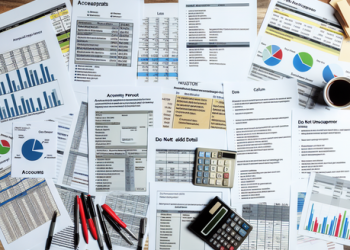 Several financial documents spread out on a large table, indicating complex financial decision making