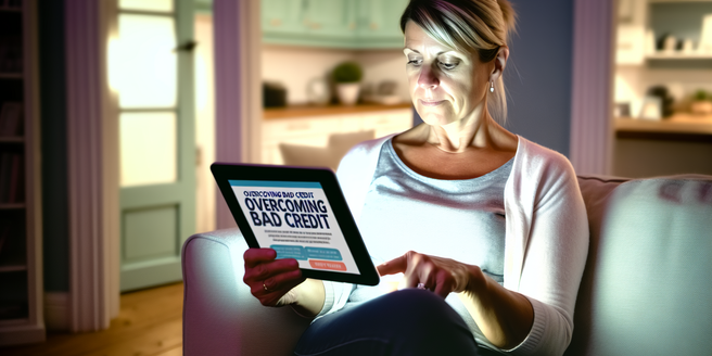 Someone reading a comprehensive guide on how to overcome bad credit on a tablet screen