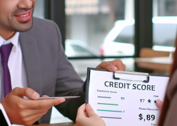 Two people discussing credit score in a coffee shop