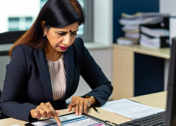 Woman ascertaining credit risk using a credit report on her office desk