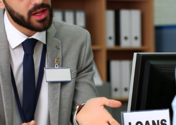 A bank teller behind a counter talking about loans